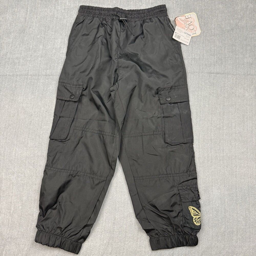 Real Love Cargo Pants Girls 5/6 Black Pocket Butterfly Adjustable NWT